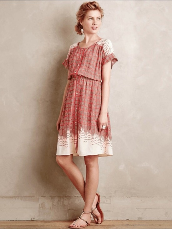 Anthropologie Dresses & Skirts - Anthropologie Maeve Veronia Chevron Print Shirt Dress Pockets Red Cream Size M